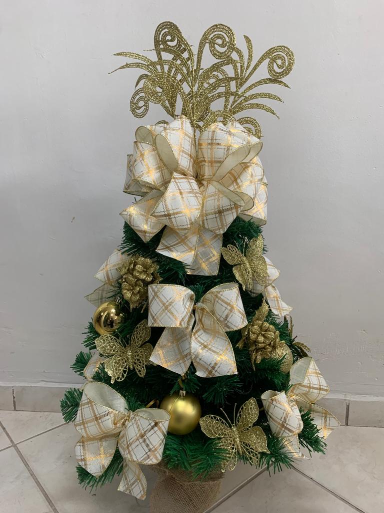 Árvore De Natal Completa Decorada Dourada Pronta P Uso 70cm