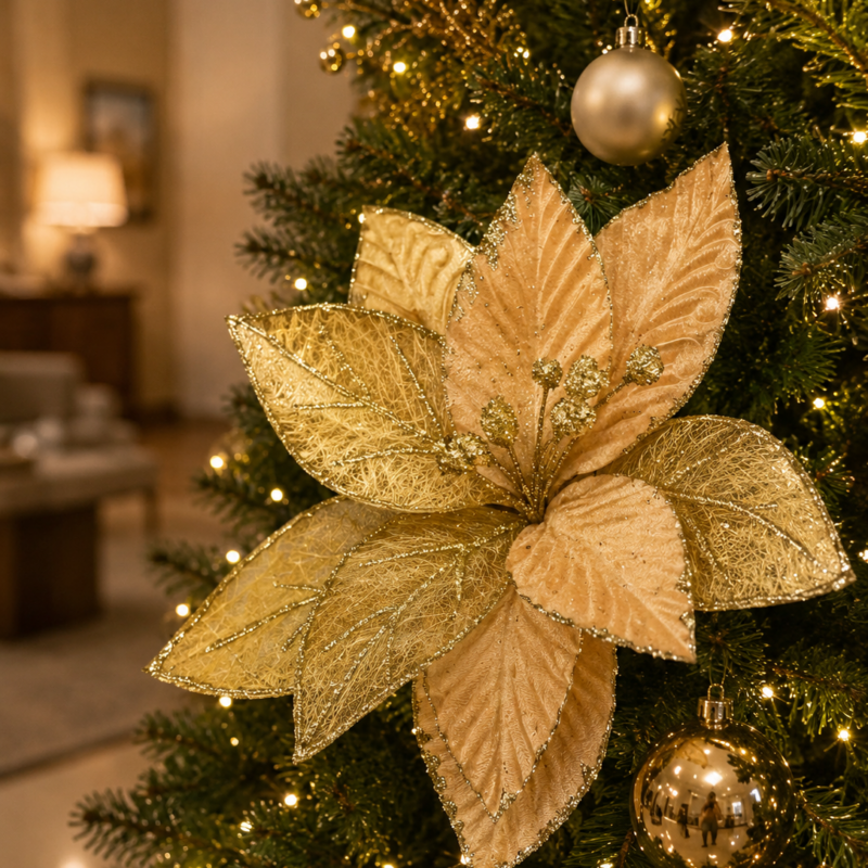 Flor de natal veludo dourado 24cm