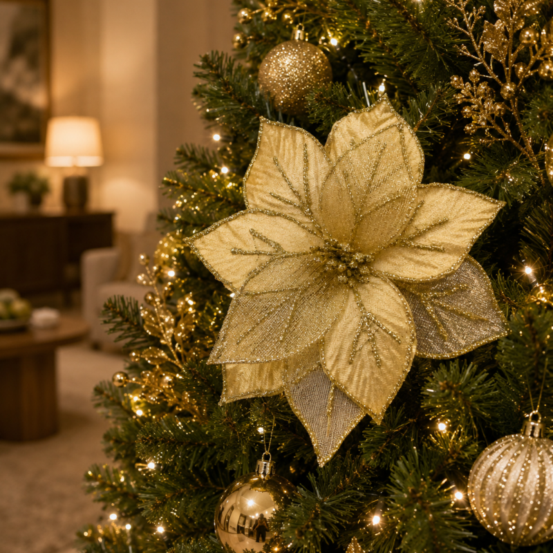 Flor de natal veludo dourado 19cm
